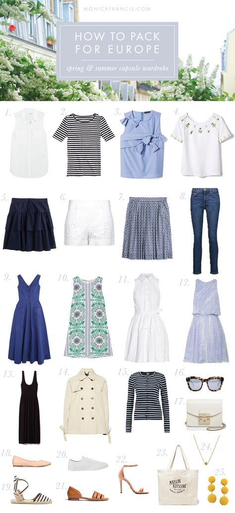 How to Pack for Europe: Spring & Summer Capsule Wardrobe | How I packed a 25-item capsule wardrobe for 12 weeks in Europe, and what to wear in France and Italy | Packing Light | Travel Tips | Carry-On Packing What To Wear In France, Pack For Europe, Spring Summer Capsule Wardrobe, Packing For Europe, Light Travel, Travel Capsule, Quoi Porter, Travel Capsule Wardrobe, Travel Clothes Women