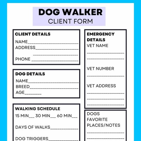 "Dog Walking Business Form | Dog Client Consent Form Dog walking forms that are designed to help you stay organized while working with pets. They can be used in a store or for a mobile business. You will receive an instant download of one high resolution 8.5\" X 11\" PDF File. - This is a digital file only. You will not be shipped any physical product. - Once your payment has been processed, you will receive an e-mail with a link to download your digital file. - Download, Save, and Print as many Dog Walking Forms, How To Start A Dog Walking Business, Dog Walking Business Flyers, Dog Walking Business Names, Pet Sitting Flyer, Dog Services, Dog Sitting Business, Pet Care Instructions, Walker Dog