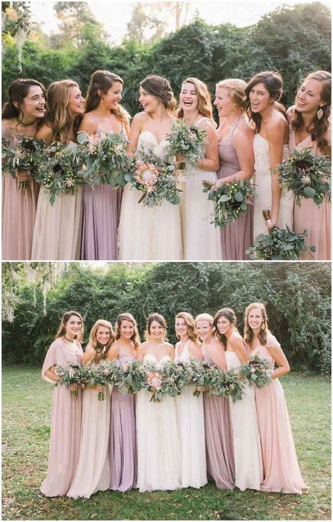 What colour bridesmaids dresses with pink wedding gown - Wedding fashion - Forum Weddingwire.ca Different Color Bridesmaid Dresses, Bridesmaid Dresses Different Colors, Color Bridesmaid Dresses, Pink Wedding Gowns, Lavender Bridesmaid, Lavender Bridesmaid Dresses, Blush Wedding Dress, Pink Wedding Dress, Pink Bridesmaid Dresses