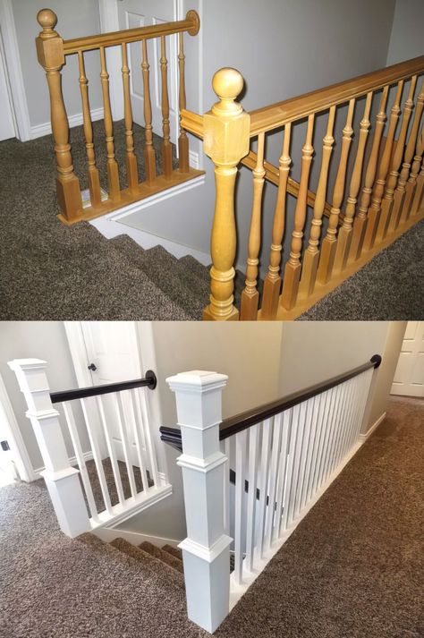 Before And After Stair Banister Remodel DIY (2) Stair Railing Ideas Before And After, New Stair Bannister, How To Redo Stair Banister, Stairway Post Ideas, Bannister Renovation, Redo Stair Railing, Newel Post Makeover, Stair Banister Makeover, Stair Baluster Ideas