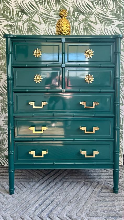 High Gloss Henry Link Faux Bamboo Dresser finished in high gloss lacquer in the color True Green by Sherwin Williams. Henry Link Bali Hai, Faux Bamboo Dresser, Bamboo Dresser, High Gloss Furniture, Green Dresser, Bali Hai, Lacquer Furniture, Benjamin Moore Colors, Bamboo Furniture