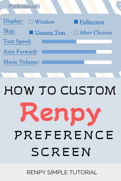 How to custom renpy preferences screen, setting screen customization, renpy option screen. Making Custom Preferences Screen
Preference, Tutorial - use of imagemap or imagebutton Visual Novel Tutorial, Ren'py Tutorial, Visual Novel Ideas, Renpy Gui, Novel Planning, Novel Tips, Game Making, Hyper Fixation, Indie Game Development