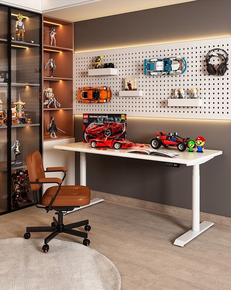 Do you like the idea of Lego & adjustable table

#LEGO #standingdesk Lego Rooms For Adults, Modern Lego Room, Pegboard Lego Display, Playroom Lego Display, Lego Aesthetic Room, Lego Building Room Ideas, Diy Lego Wall Board, Lego Office Ideas, Lego Gaming Room