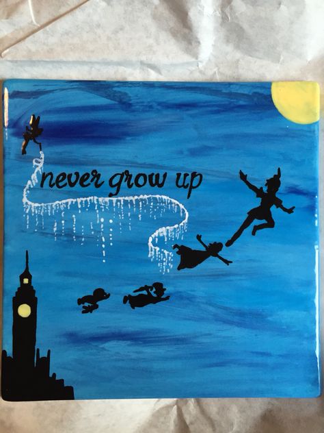 Painted pottery- Peter Pan "never grow up" Disney Ceramic Painting Ideas, Easy Paintings Disney, Disney Pottery Painting Ideas, Disney Paintings Easy, Peter Pan Painting, Disney Box, Disney Paintings, Painted Pottery, Never Grow Up