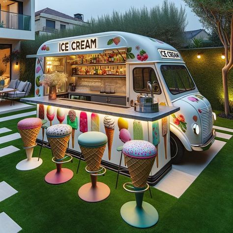 Outdoor Entertaining with The Charming Ice Cream Bar Vans - Street Food Ice Cream, Outdoor Ice Cream Bar, Ice Cream Food Truck Ideas, Ice Cream Shop Exterior Design, Bar Vans, Ice Cream Truck Ideas, Ice Cream Truck Design, Ice Cream Booth, Cute Ice Cream Truck