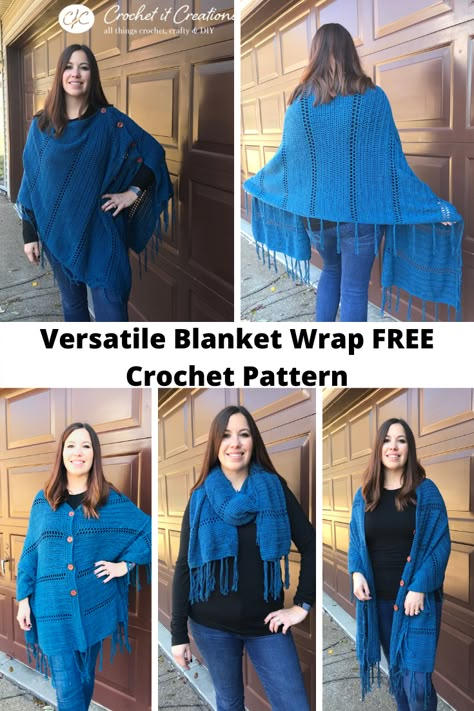 Versatile Blanket Wrap Crochet Pattern - Crochet it Creations Easy Free Crochet Patterns, Crochet Blanket Shawl, Crochet Kimono Cardigan, Wrap Crochet Pattern, Crochet Wrap Pattern, Crochet Kimono, Blanket Shawl, Crochet Shawls And Wraps, Poncho Shawl