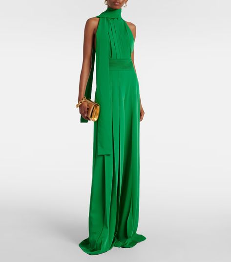 Open-back crêpe jumpsuit in green - Elie Saab | Mytheresa Crepe Jumpsuit, Green Jumpsuit, Formal Party Dress, Jumpsuit Fashion, Dresses Formal, Elie Saab, Long Dresses, Invisible Zipper, Guest Dresses