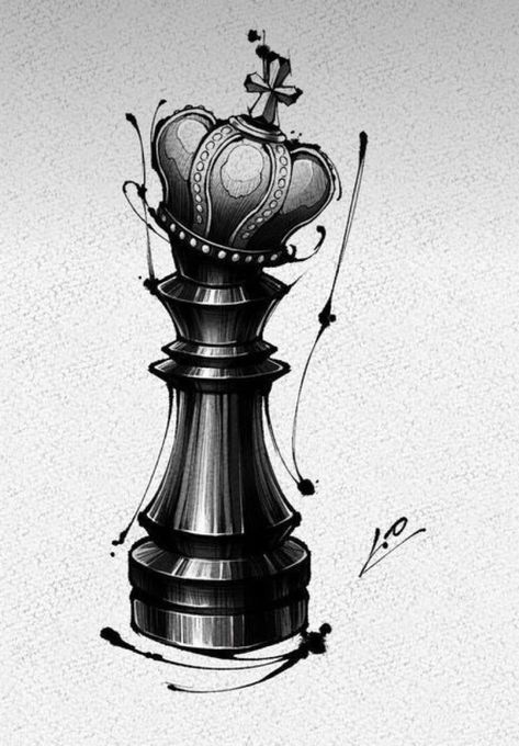 Queen Chess Piece With Crown Tattoo, King Piece Chess Tattoo, King Piece Tattoo, Chess King Tattoo Design, Chess Inspired Art, Queen Chess Piece Art, King Chess Piece Tattoo Design, Queen Chess Tattoo, Chess King Tattoo