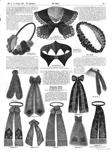 Sashes, belts and headpieces, etc. Der Bazar, January 1861. | In the Swan's Shadow Victorian Accessories, 1860 Fashion, Bags Online Shopping, 19th Century Fashion, Victorian Jewelry, Fashion Plates, Historical Fashion, Vintage Sewing Patterns, Fashion History