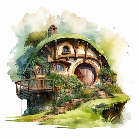 Hobbit House Concept Art, Hobbit House Art, Building References, House Printable, Fimo Ideas, Watercolor Decor, Hobbit House, Shop Watercolor, Pen And Watercolor