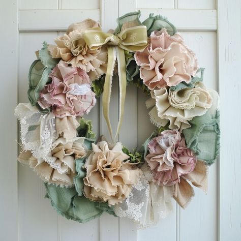 Turn fabric scraps into enchanting wreaths with these 5 stunning ideas Fabric Flower Wreath Diy, Tied Fabric Wreath, Spring Fabric Wreath Diy, Material Flowers Diy Scrap Fabric, Fabric Flower Wreath, Scrap Wreath, Sewnfabric Wreath, Swen Fabric Wreath, Twine Wreath