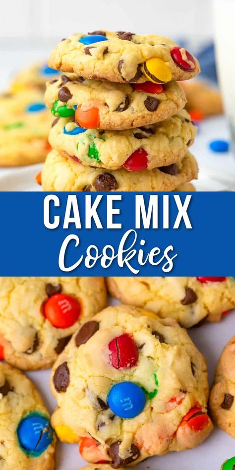 Cake Mix M&m Cookies, Box Cookies Recipes, Cake Box Cookies Recipes, Mnm Cookies Recipe, Best M&m Cookie Recipe, Yellow Cake Mix Cookies, White Cake Mix Cookies, Chewy Cake, Mm Cake