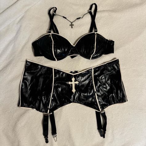 vntg 90s goth lip service faux leather lingerie set.... - Depop 90s Lingerie, Lingerie Aesthetic, Lip Service Clothing, Goth Lingerie, 90s Goth, Cute Bras, Leather Lingerie, Lip Service, Mall Goth