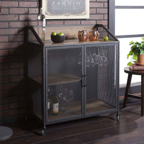 Bourbon Cabinet, Wood And Metal Bar, Alcohol Cabinet, Wine Glass And Bottle, Industrial Bar Cart, Urban Industrial Design, Walker Edison Furniture, Kitchen Storage Shelves, Coffee Storage