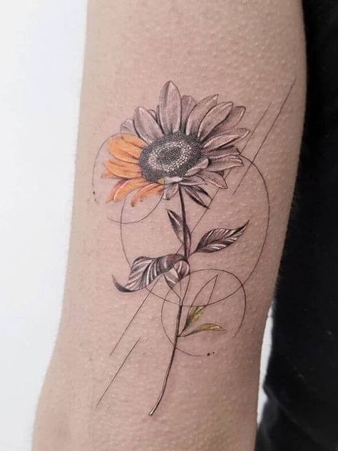 Sunflower Sunflower Tattoos Sleeve, Tattoo Ideas Minimalist Flower, Creative Sunflower Tattoo, Sunflower Design Tattoo, Single Needle Sunflower Tattoo, Collarbone Sunflower Tattoo, Cool Sunflower Tattoos, Geometric Sunflower Tattoo Design, Sunflower Tattoo With Stem