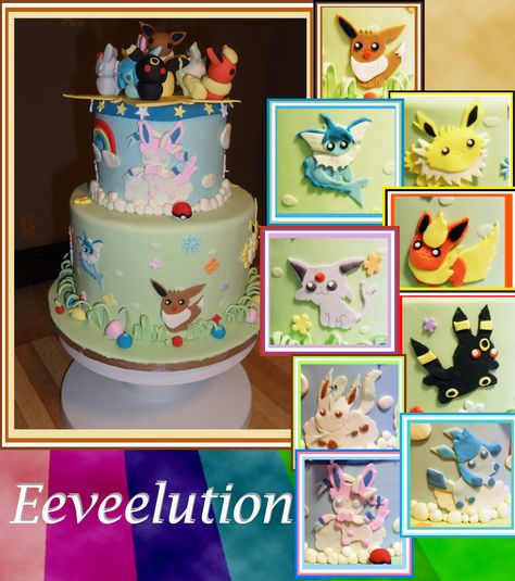 Eeveelution cake Made for a winter celebration. Made with all 9 Eevee evolutions Evee Evolution Birthday Cake, Evee Evolution Birthday Party, Eeveelution Cake, Eeveelution Birthday Party, Eeveelutions Birthday Party, Pokemon Sweets, Eevee Birthday, Pokemon Family, Nintendo Cake