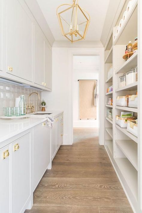 Brass hardware accents light gray cabinets fitted with a white quartz countertop holding a stainless steel sink beneath a brass deck mount faucet in a gray galley style pantry. Kitchen Butlers Pantry, Dream Pantry, House Pantry, Light Gray Cabinets, Pantry Laundry Room, Perfect Pantry, Pantry Room, Pantry Remodel, Pantry Kitchen