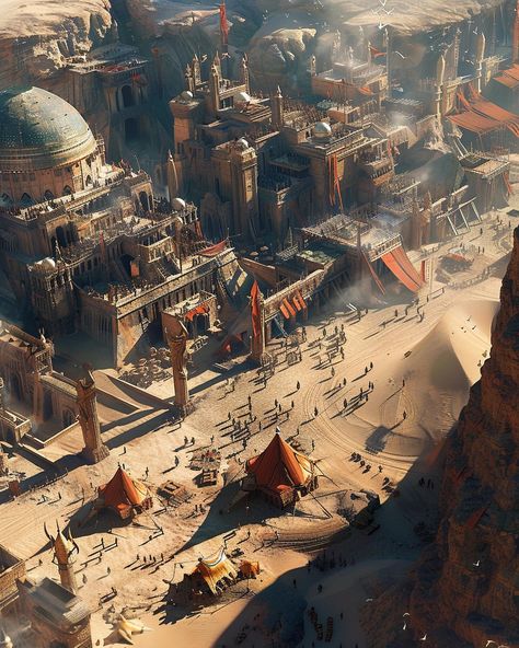 In the desert trading outpost of a distant planet, exploring the tent markets and thunder arena. #scifiart #scifiworld #scifilandscape #scificity #scifi #scififantasy #scifiartwork #scifigeek #digitalart #ai #midjourney Uruk City, Sumerian Architecture, Scifi Artwork, Desert City, Ancient Sumerian, Sci Fi Landscape, Fantasy World Map, Sci Fi City, Ancient Kingdom