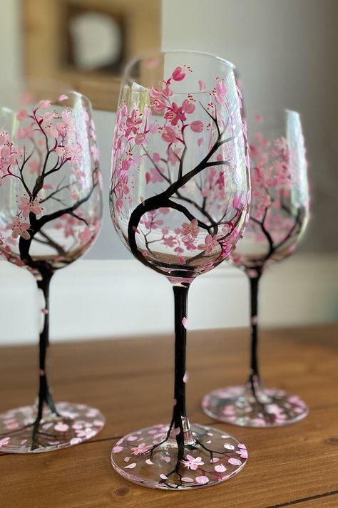 Cherry Blossom Hand Painted Wine Glass Pink Flower Spring | Etsy Hand Painted Wine Glasses Diy, Benefit Ideas, Diy Wine Glasses Painted, Glassware Crafts, Wine Glass Designs, Painted Glassware, Diy Wine Glasses, Painting Skills, Decorated Wine Glasses