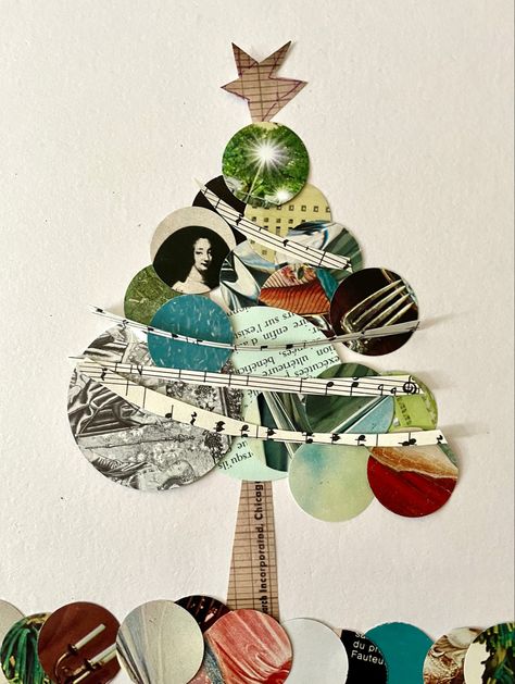 Christmas card design using collage and vintage papers. Collage Christmas Cards Handmade, Collage Christmas Cards Ideas, Collage Christmas Tree, Collage Art Christmas, Christmas Collage Cards, Christmas Card With Ornament, Collage Christmas Ornaments, Christmas Card Collage Ideas, Upcycled Christmas Cards