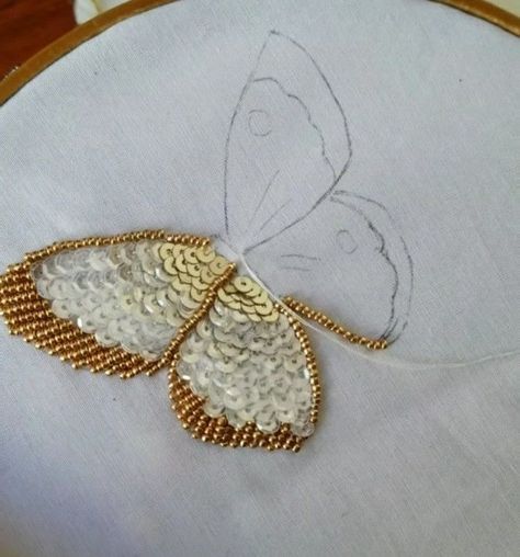 Embroidery Art With Beads, Aari Motifs Design, Sequence Aari Design, Aari Work Butterfly Design, Sequence Embroidery Design Pattern, Sequence Aari Work Design, Butterfly Maggam Work Designs, Sequins Embroidery Pattern Design, Butterfly Aari Work Designs