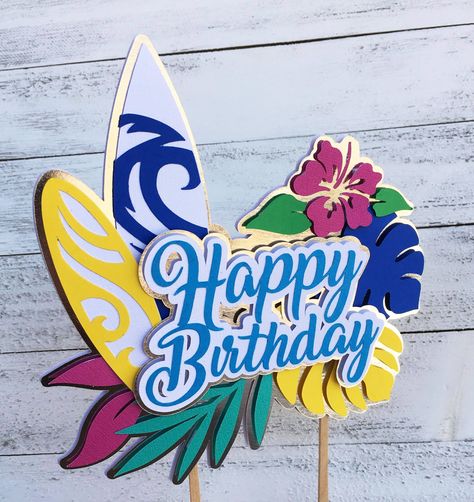 "Your Tropical Themed Party isn't complete without this Surf Cake Topper! Made with high quality smooth and textured cardstock with silver background to give it that lovely shine!  This Surf cake topper would be a perfect for a Luau birthday party.  Cake topper is one sided back is a solid white SIZE: Cake toppers measures about 6\" wide x 6\" tall the height measurements are Not including the stick. My cake toppers are made from multiple layers of high quality cardstock to give it that great 3 Hawaiian Cake Topper, Surfboard Cake, Surfer Party, Tropical Cake Topper, Surf Cake, Beach Cake Topper, Toddler Birthday Cakes, Tropical Cake, Hawaiian Cake