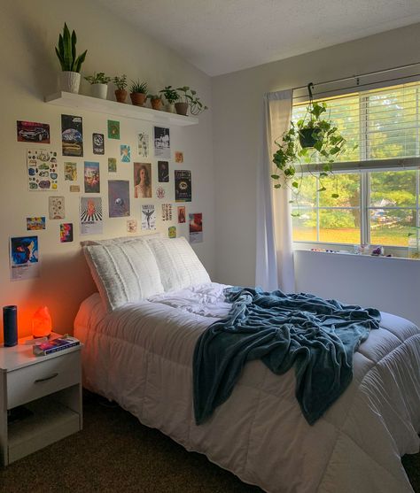 indie, posters, plants, aesthetic, room, bed, cozy Beds Ideas Aesthetic, White Fluffy Rug Aesthetic, Room With Twin Bed Ideas Aesthetic, Small Room Ideas Aesthetic Twin Bed, Twin Size Bed Ideas For Small Room Aesthetic, Bed In The Middle Of The Room Aesthetic, Bed In Middle Of Room Ideas Aesthetic, Twin Bed Inspo Aesthetic, Twin Bedroom Aesthetic