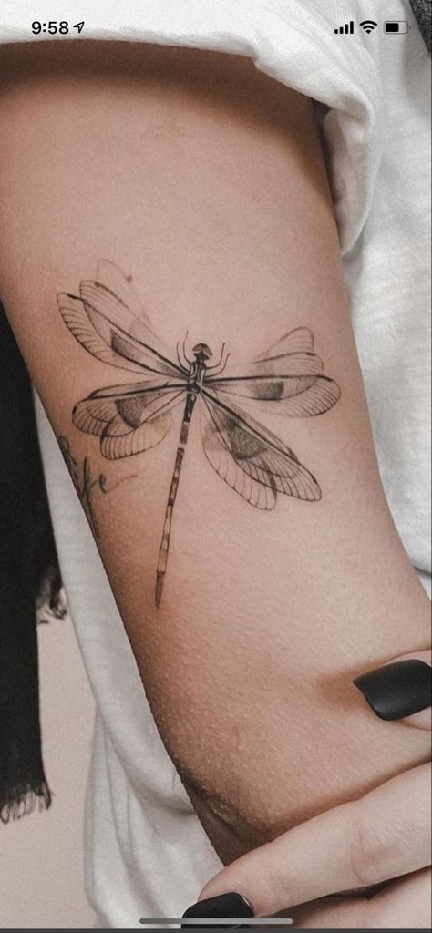 Dragonfly Tattoo Design Unique, Dragonfly Tattoo Unique, Dragon Fly Knee Tattoo, Dragon Fly Tattoo Back Of Arm, Dragon Fly Arm Tattoo, Unique Dragonfly Tattoo Design, Dragonfly Tattoo Placement For Women, Spiritual Dragonfly Tattoo, Dragonfly Tattoo Above Knee