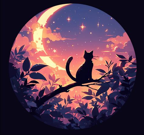 Moon Cat Wallpaper, Cat And Moon Aesthetic, Cat With Moon Wallpaper, Black Cat And Moon Wallpaper, Cat Looking At Moon, Sky Anime, Cats Art Drawing, Moon Illustration, Mood Wallpaper