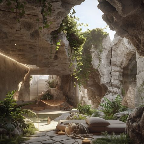 cave dwelling x luxury ✨🖤 - Carved into a forgotten island, this multi-level sanctuary blends modern luxury with ancient tradition. Natural light graces a cave pool, whispering tales of nature and designs’ coexistence 🧚‍♂️ - #cavedweller #islandliving🌴 #architecturaldetails #architecturaldesigns #organicarchitecture #contemporarystyle #contemporarydecor #ancientarchitecture #naturallighting #midjourneyarchitecture #luxuryarchitecture #interiordesigncommunity #architecturephotography #biophili... Cave Dwelling, Cave Houses, Modern Luxury Furniture, Cave Design, Cave Pool, Luxury Kids Bedroom, Exotic Homes, Ancient Greek City, Architecture Design Process