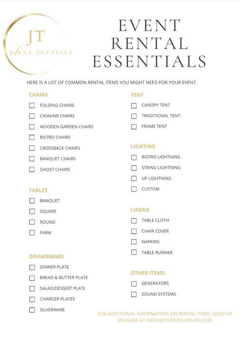 Hosting an event can be very challenging. We've put together a list of common rentals needed for an event. If you want more information, please reach out to us. #HappyEventPlanning #EventRentals #TableandChairs Event Planning Technique, Events Planning Ideas, Event Planner Services List, How To Start Event Decorating Business, Party Rental Space Ideas, Wedding Event List, Event Equipment Rental, Chairs For Events, How To Plan An Event