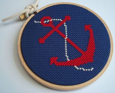 Anchors aweigh! This nautical anchor would make a great gift for a sea hardy pirate or just as decoration in your home or nursery. Youre sure to be promoted to first mate! Its time to set sail -- without all the nausea. Finished dimensions - 14 count fabric: 3 x 3.6 Pattern is Anchor Cross Stitch, Nautical Embroidery, Anchor Cross, Electronics Pattern, Anchor Embroidery, Nautical Anchor, Sewing Box, Modern Cross Stitch, Diy Embroidery