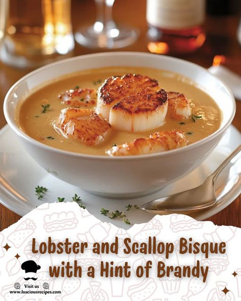 Indulge in the luxurious flavors of Lobster and Scallop Bisque with a hint of brandy. Creamy, rich, and perfect for special occasions, learn how to make this exquisite dish. Lobster And Scallop Bisque, Scallop Bisque, Quick Supper Ideas, Hearty Dinner, Delicious Dinner Recipes, Dinner Dishes, Satisfying Food, Family Dinner, Yummy Dinners