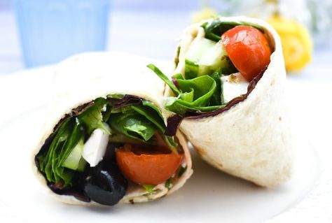 Vegan Greek Salad Wrap Greek Salad Wrap, Perfect Picnic Food, Greek Vegetables, Sandwich Wraps Recipes, Vegan Greek, Greek Salad Dressing, Healthy Wraps, Cheese Wrap, Queso Feta