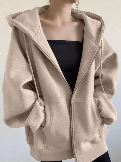 Women's Loose Casual Hooded Zip-Up Cardigan Apricot Casual  Long Sleeve Knitted Fabric Plain Other Non-Stretch  Women Clothing, size features are:Bust: ,Length: ,Sleeve Length: Cardigan Casual, Oversize Hoodie, Teen Fashion Outfits, Long Sleeve Knit, Teen Fashion, Shapewear, Beautiful Outfits, All Fashion, Women Clothing