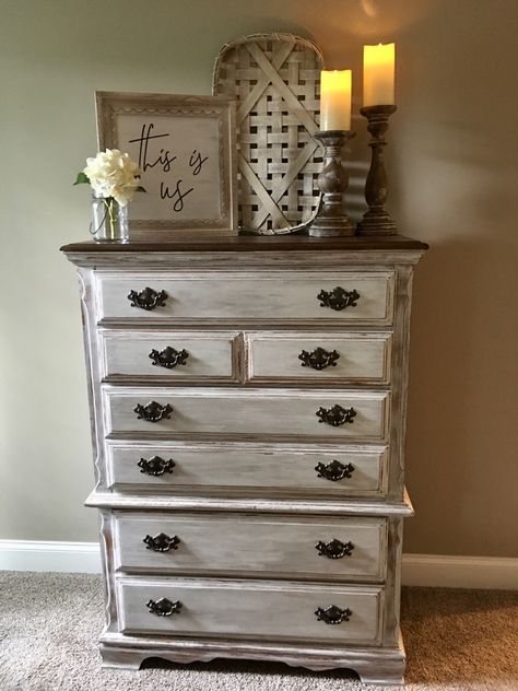 Decorating Top Of Dresser Bedrooms, Distressed Bedroom Ideas, Master Bedrooms Decor Hobby Lobby, Above Tall Dresser Decor, Chest Bedroom Decor, Decorating Tall Dresser Tops, Bedroom Dresser Decor Ideas Farmhouse, Over The Dresser Decor, Farmhouse Nightstand Decor Bedroom Ideas