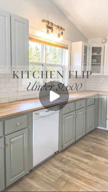 Megan Dauphinee | Home Decor & DIY on Instagram: "A wild transformation! For under $1,600  This was kitchen number 1 we flipped. With number 3 on the horizon.   Price breakdown from 2022:  Amazon items linked in bio! We purchased Fusion paint which is the most amazing paint for painting furniture or cabinets. $200   We used Victorian Lace for our top cupboards. 5 coats of paint with a tough coat layered in between for added protection. We used eucalyptus for the bottom cupboards. 3 coats of paint with a tough coat layered in between. TSP by fusion for prep with a light scuff. This process took weeks as we took our time.   Countertops are oak/veneer from IKEA. We needed a longer length than butcher block came in so this was perfect and affordable at $500.  Handles, hinges, and light bulbs f Kitchen Cupboard Paint Ideas, Long Kitchen Ideas, Ikea Kitchen Diy, Ikea Butcher Block Countertops, Kitchens With Butcher Block Countertops, Kitchen Cupboard Makeover, Butcher Block Countertops Kitchen, Diy Kitchen Cupboards, Cupboard Makeover