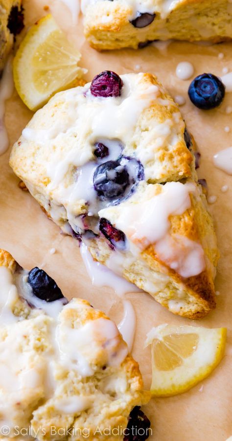 My go-to scone recipe used for nearly ANY add-ins! Here they are with juicy blueberries and sweet lemon glaze! Alex Guarnaschelli Scones, Scones Self Rising Flour Recipe, Blueberry Scones With Sour Cream, Lemon Blueberry Scones, Blueberry Lemon Scones, Blueberry Scones Recipe, Scone Recipes, Hot Cross Bun, Lemon Scones