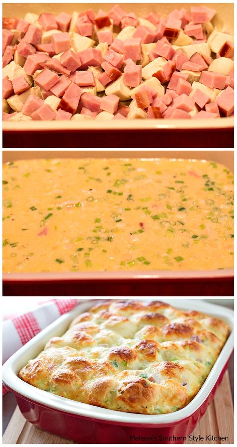 Ham And Egg Bubble Up Ham And Egg Pie, Bubble Up Bake, Grits And Greens, Brunch Egg Dishes, Brunch Casserole Recipes, Greek Spinach Pie, Bacon Casserole, Egg Pie, Make Ahead Breakfast Casserole