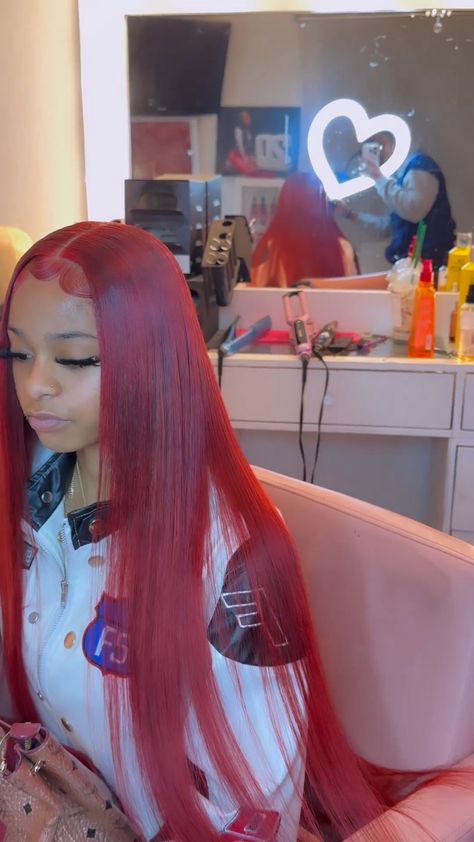 Red Bus Down Middle Part, Cherry Red Wig, Red Wig For Black Women, Vacay Hairstyles, Quickweave Hairstyles, Straight Red Hair, Curly Hair Sew In, Red Weave Hairstyles, Wig Installs