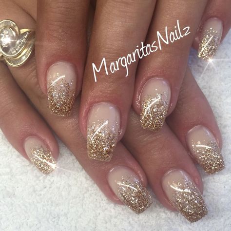 Glitter Ombre Nails, Gold Glitter Ombre, Gold Acrylic Nails, Gold Nail Designs, Nails Gold, Wedding Nails Glitter, Gold Glitter Nails, Ombre Nails Glitter, Rose Gold Nails