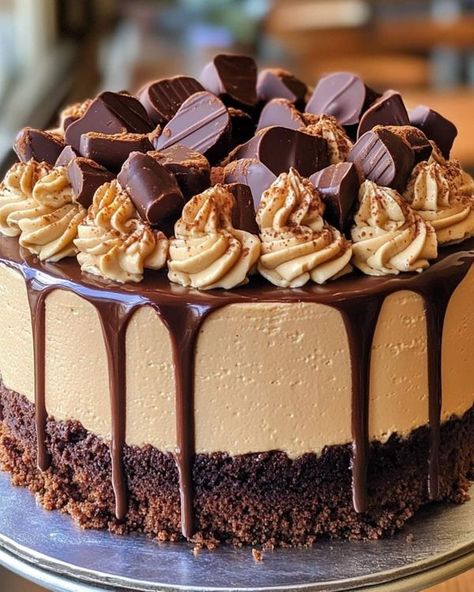 Cheesecake Recipes Reeses, Reese’s Cake, Peanut Butter Chocolate Cheesecake, Reese's Peanut Butter Cheesecake, Reeses Cake, Italian Desserts Easy, Chocolate Peanut Butter Cheesecake, Peanut Butter Cheesecake, Reeses Peanut Butter