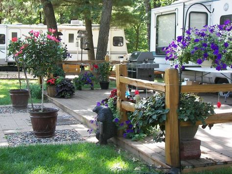 Permanent Campsite Ideas, Permanent Campsite, Seasonal Campsite, Rv Decks, Campsite Decor, Rv Deck, Campsite Decorating, Campsite Ideas, Rv Patio