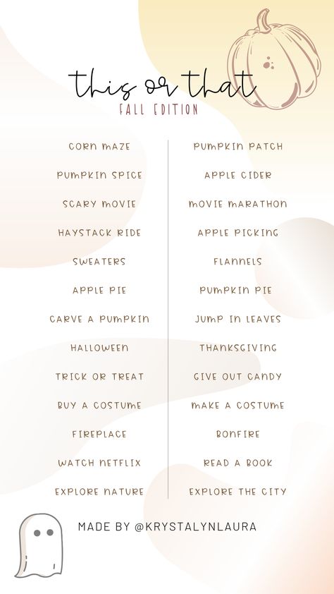 This or That Instagram story template fall edition Avatoon Backgrounds, This Or That Thanksgiving Questions, Creative Questions, Thanksgiving Hacks, Instagram Story Questions, Engagement Posts, Spiced Apple Cider, Facebook Engagement, Ig Templates