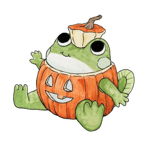 Cute Halloween Animals Art, Cute Art Halloween, Halloween Cute Art, Cute Halloween Art, Frog With Mushroom, Halloween Frog, Mushroom Images, Cartoon Frog, Frog Illustration