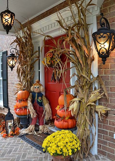 Entrada Halloween, Autumn Porch, Front Porch Decorating Ideas, Pumpkins And Gourds, Corn Stalks, Pumpkin Topiary, Porch Decorating Ideas, Fall Front Porch Decor, Fall Deco