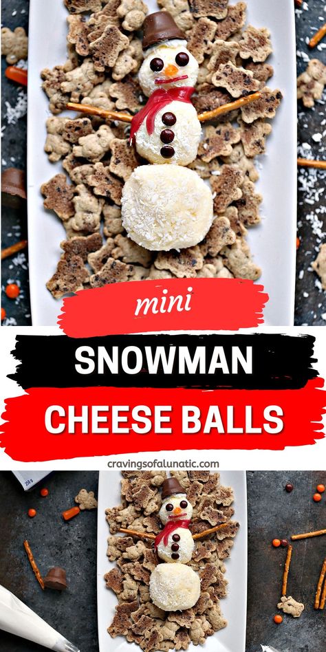 Collage image featuring two photos of a mini snowman sweet cheese ball on a white plate with teddy grahams on it. Snowman Cheese Ball, Christmas Cheese Ball, Easy Recipe For Kids, Chef Breakfast, Mouthwatering Desserts, Sweet Cheese, Mini Snowman, Themed Recipes, Delicious Christmas Desserts