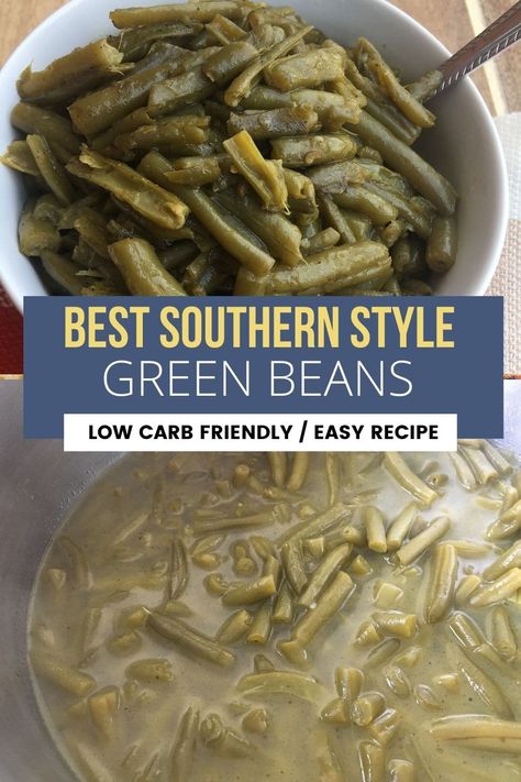 These southern-style green beans with canned beans are so easy and delicious! With only a few ingredients and huge flavors, you are sure to love this keto side dish! Keto Canned Green Bean Recipes, Elevate Canned Green Beans, Low Carb Green Bean Recipes, Low Sodium Green Beans, Green Beans Keto, Southern Green Beans Recipe, Southern Green Bean Recipes, Canned Green Bean Recipes, Brussels Sprouts Bacon