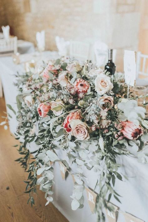 Wedding Top Table Flowers, Top Table Flowers, Wedding Top Table, Protea Wedding, Wedding Flowers Wildflowers, Diamond Photography, Flowers Eucalyptus, Wedding Whimsical, Protea Flower