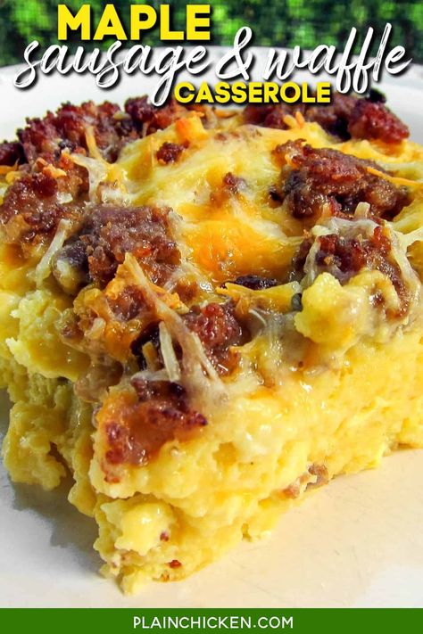 Maple Sausage and Waffle Casserole - Plain Chicken Waffle Casserole, Beer Marinated Chicken, Maple Sausage, Overnight Breakfast Casserole, Slow Cooker Tacos, Plain Chicken, Breakfast Waffles, Weekly Meal Plan, Breakfast Recipes Casserole